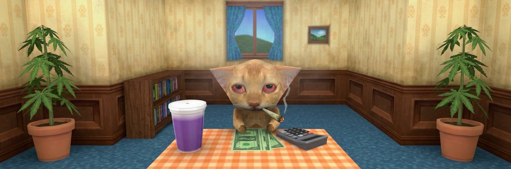 $MOLYCAT the cat, red-eyed, smoking a joint at a table with cash and a calculator